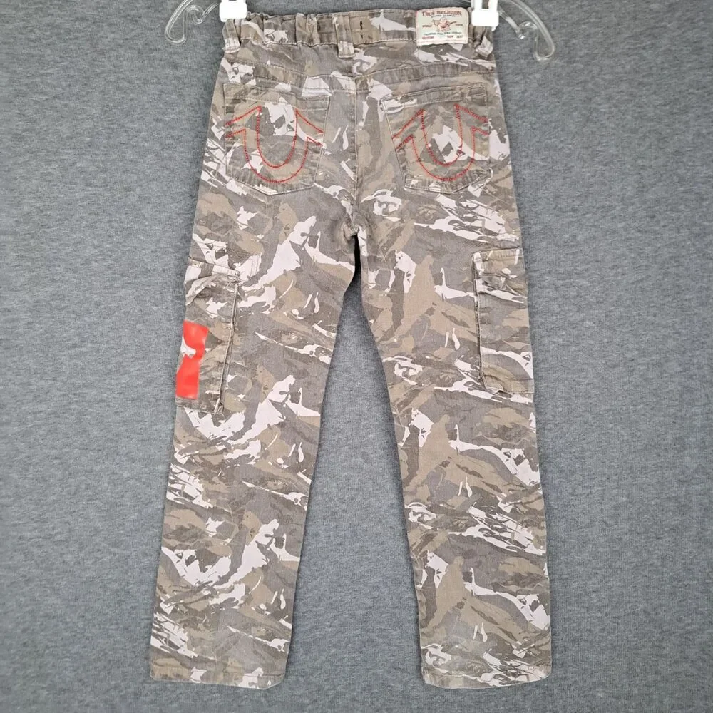 True Religion Boys Camo Cargo Pants in Tan and White with Orange Patch